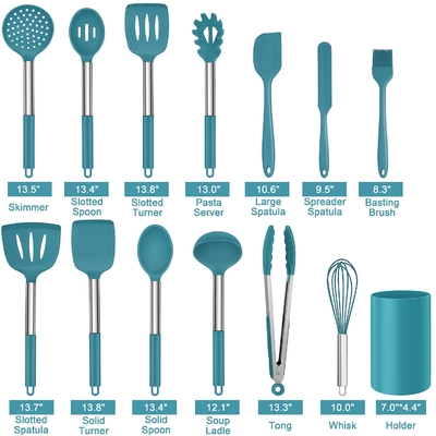 chất lượng 14 miếng bếp nấu ăn dụng cụ silicone đặt với tay cầm thép không gỉ dụng cụ bếp đặt cho đồ nấu ăn không dính nhà máy sản xuất