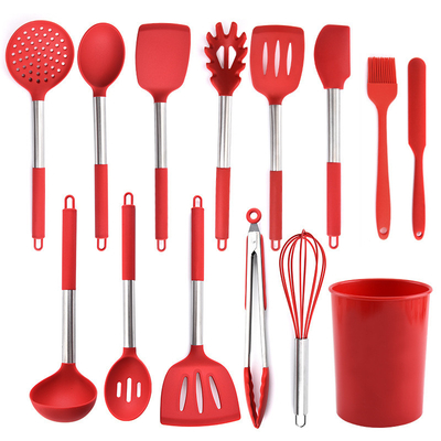Giá tốt. 14 miếng bếp nấu ăn dụng cụ silicone đặt với tay cầm thép không gỉ dụng cụ bếp đặt cho đồ nấu ăn không dính trực tuyến